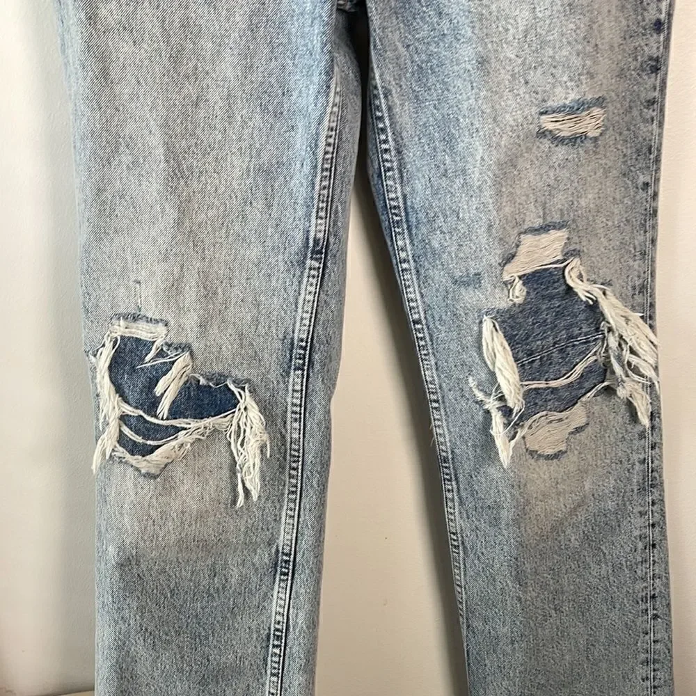 EUC “We The Free” Free People Destroyed Medium Acid Straight Leg Jeans Size  28 - Picture 5 of 13